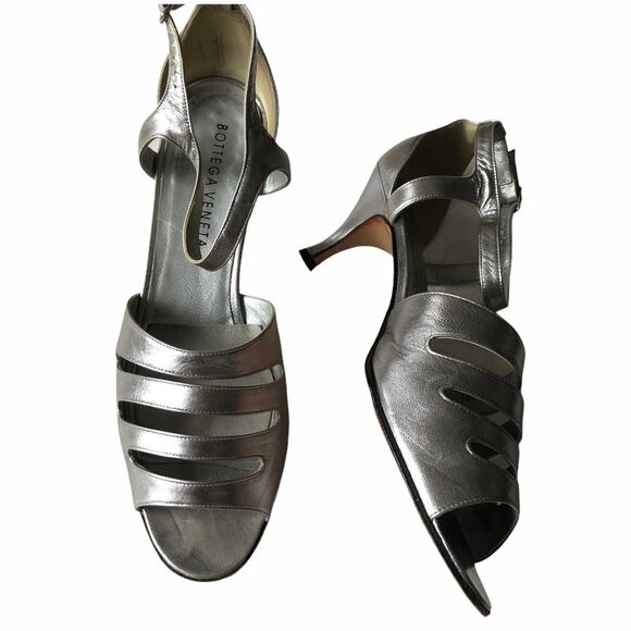 Bottega Veneta Peep Toe Heels Silver 9 Vintage 80s - Picture 12 of 16